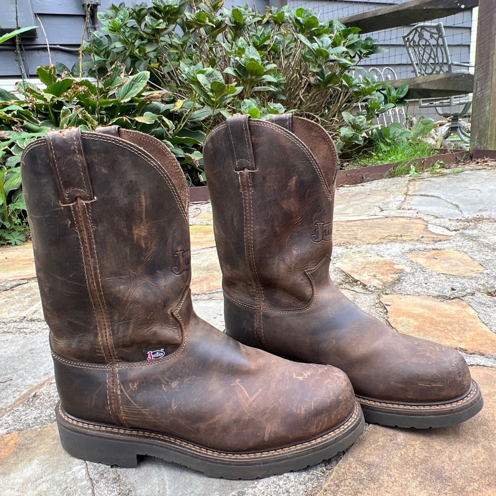 Justin Mens 4445 Steel Toe Work Boots Brown Leather EH Rated Pull On Size 12D